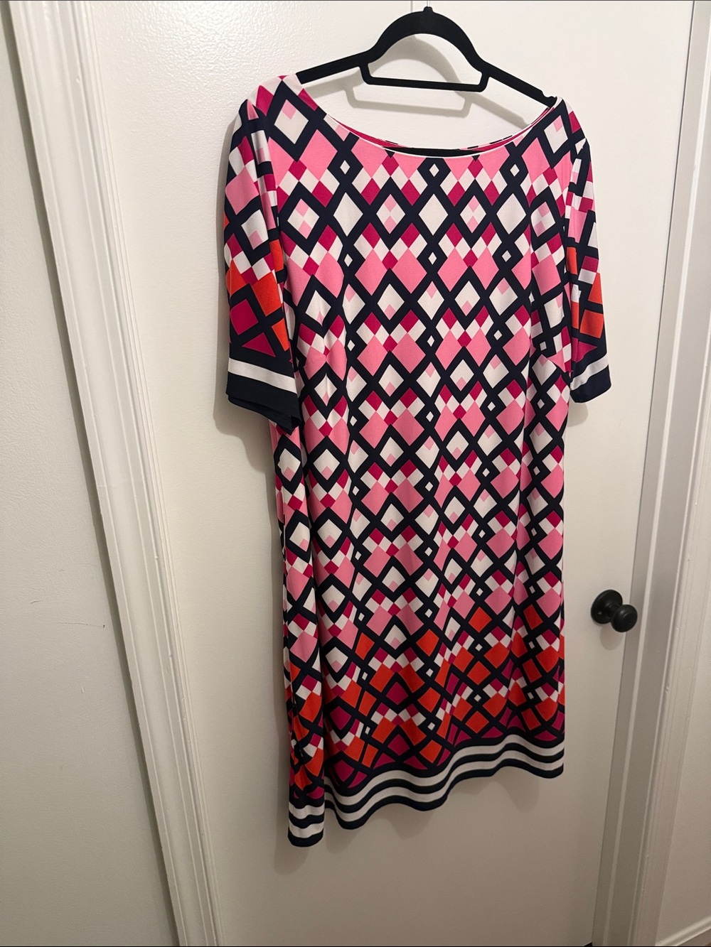 Eliza J Pink, Navy & Coral Geometric Midi Dress